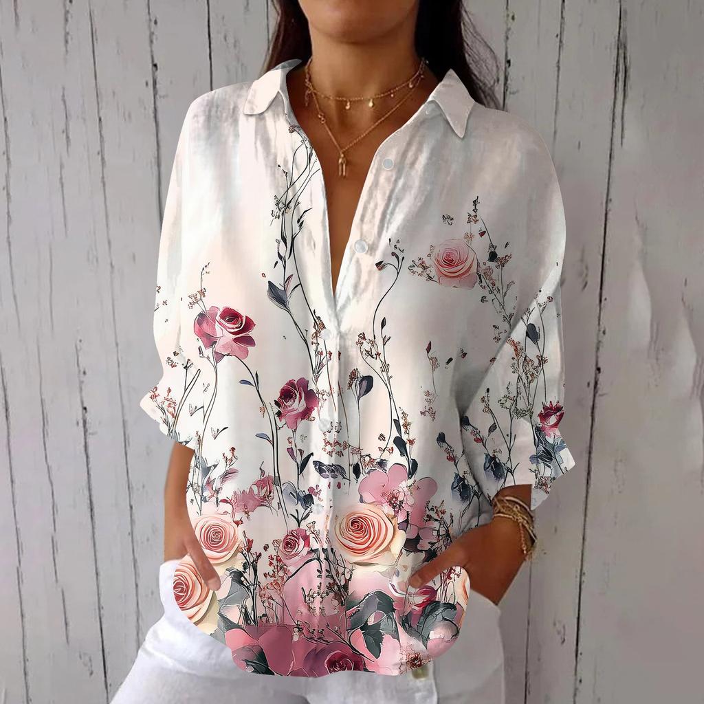 Women's Fashion 3/4 Sleeve Casual Lapel Back Tie- Floral Print T-Shirt Top