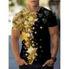 Men's plus-size short-sleeved T-shirt with 3D gold star print and color-blocking design.