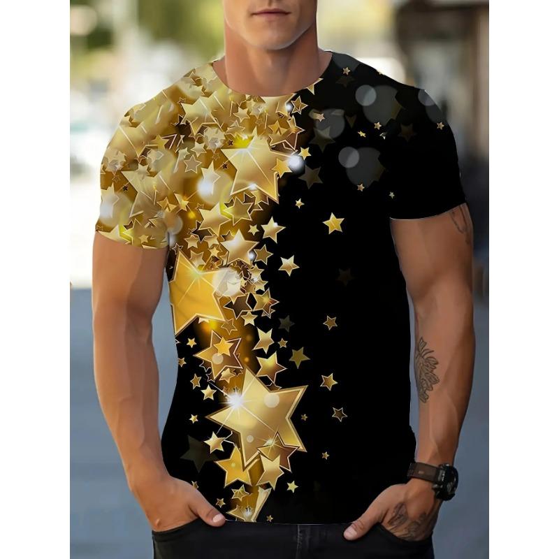 Men's plus-size short-sleeved T-shirt with 3D gold star print and color-blocking design.