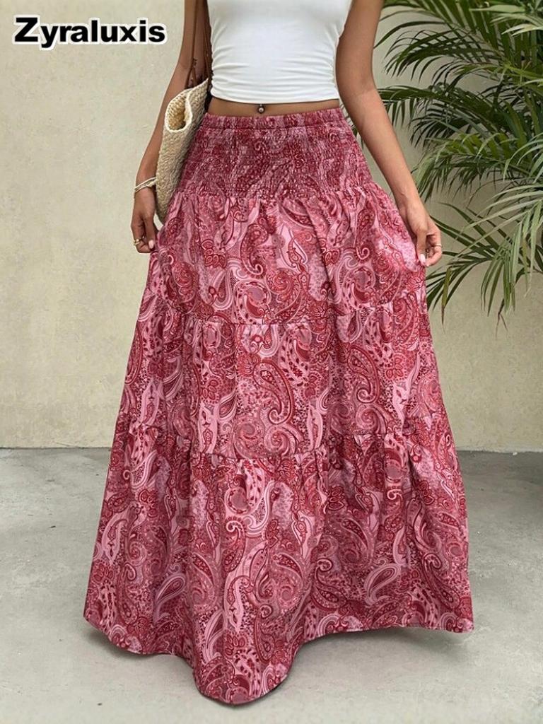 Bohemian Printed High Waist Maxi Dress Summer Vacation Style A-Line Flowy Layered Half Skirt