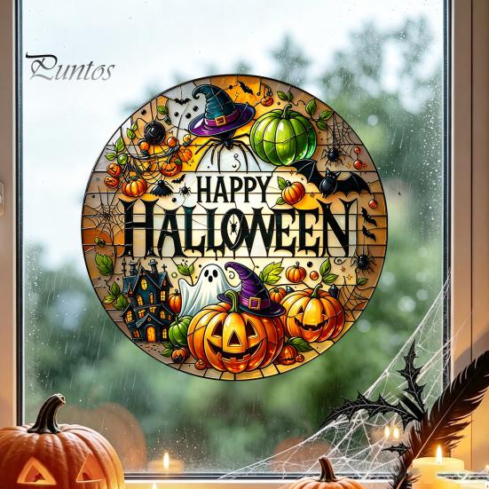 Pumpkin Ghost Wall Stickers Halloween Stained Glass Style Static Window Clings, Waterproof PVC Bat Seasonal Home Accents Haunted House Decals,