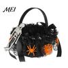 Decorative Ghost Candy Basket Black Flower Girl with Handle And Bow, Gothic Satin Handheld Halloween Decoration Lace for Wedding Ceremony, Bridal