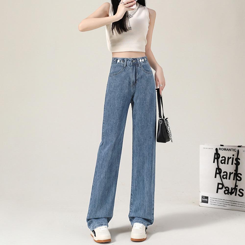 Autumn and Winter Denim Wide-leg Pants Women's High Waist Adjustable Loose and Thin New Design Straight Mopping Pants