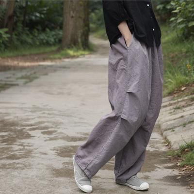 Women Vintage Wide Leg Pants Fold Elastic Waist Trousers Spring Solid Color Loose Pockets Pants