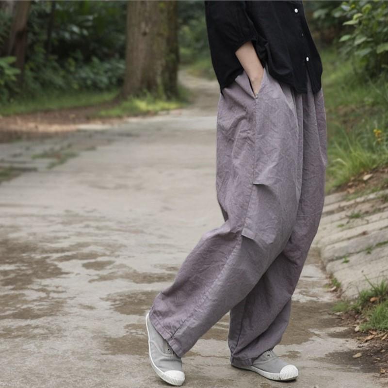 Johnature Women Vintage Wide Leg Pants Fold Elastic Waist Trousers Spring Solid Color Loose Pockets Pants