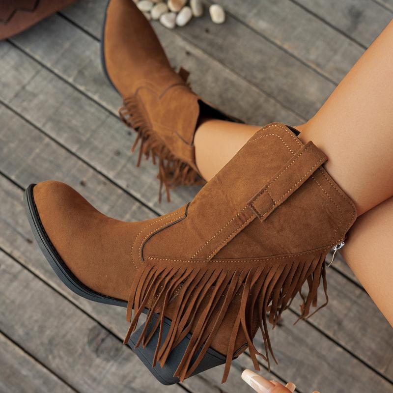 Fashion Women Ankle Boots Fashion Slip-on Wedge Shoes Female Pointed Toe Western Boots Women New Tassel Chunky Heels Shoes for Women