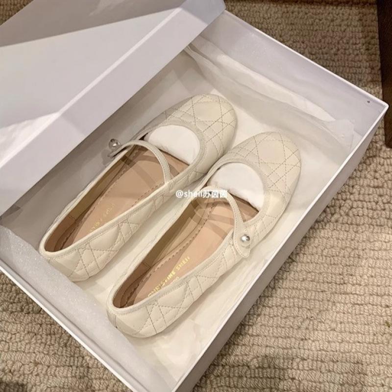 Shoes Soft Sheepskin Rhombus Pearl Buckle Flat Shoes Mary Jane Single Shoes Women