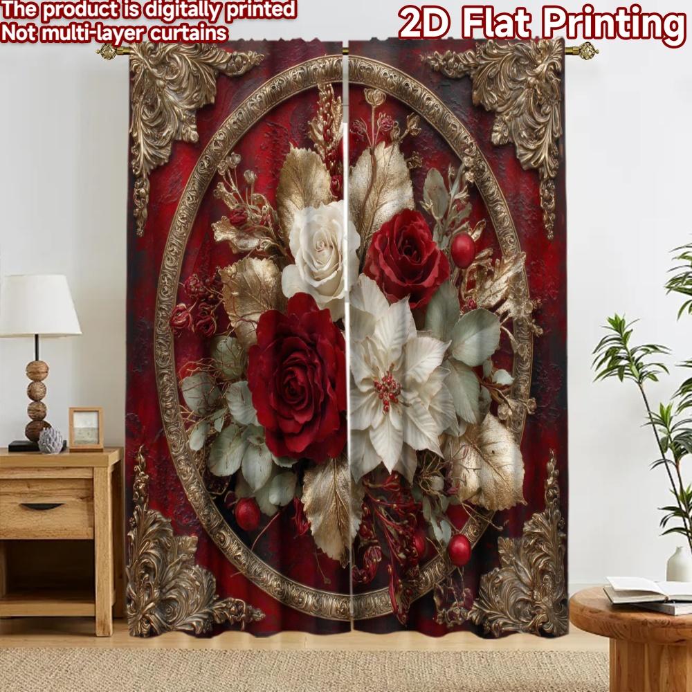 2D flat printing 2pcs Curtain Window Treatment Curtains Christmas Floral Golden Frame Digital Printed Polyester Drapes Seasonal 60×150cm(23.6×59in)