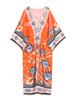 EDOLYNSA 2024 Bikini-Vertuschungen, rosa, Boho-Druck, selbstgürtelnd, vorne offen, langes Kimono-Kleid, Strand-Tunika, Damen-Badeanzug-Vertuschung
