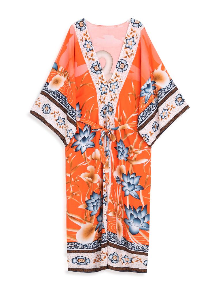 EDOLYNSA 2024 Bikini-Vertuschungen, rosa, Boho-Druck, selbstgürtelnd, vorne offen, langes Kimono-Kleid, Strand-Tunika, Damen-Badeanzug-Vertuschung