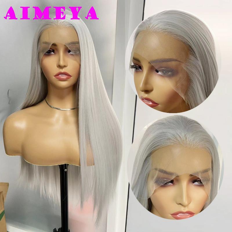 AIMEYA Free Part Silver Cosplay Wig Widow's Peak Synthetic Lace Front Wig Long Straight AoGuang Cosplay Wig for Men or Women