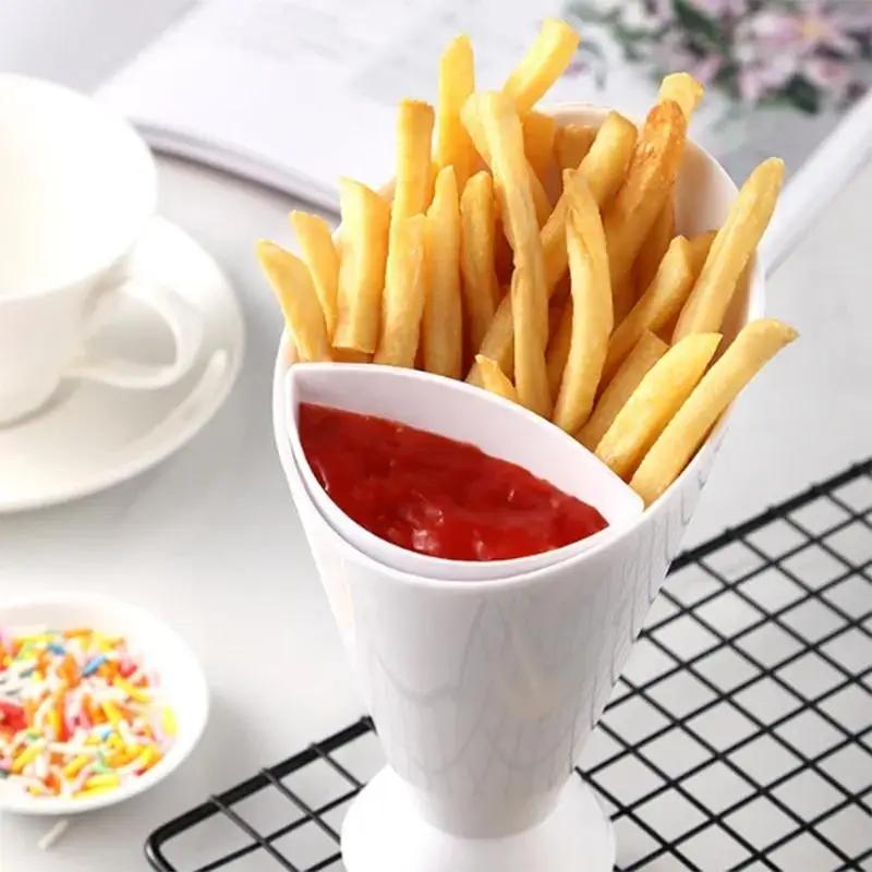 1pc 2 In 1 French Fries Cups Plastic Cups Sauces Snacks Dessert Plate Ketchup Slant Cup Two Cup Spout Kitchen Accessories