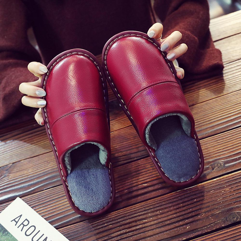 Women's & Men's Genuine Leather Indoor Slippers - Warm Cowhide Cotton, Thickened for Autumn/Winter