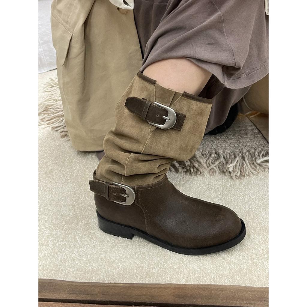 Pile Boots Women's 2025 Autumn and Winter New Retro Versatile Buckle Boots Medium Boots Thick Heel Knight Boots