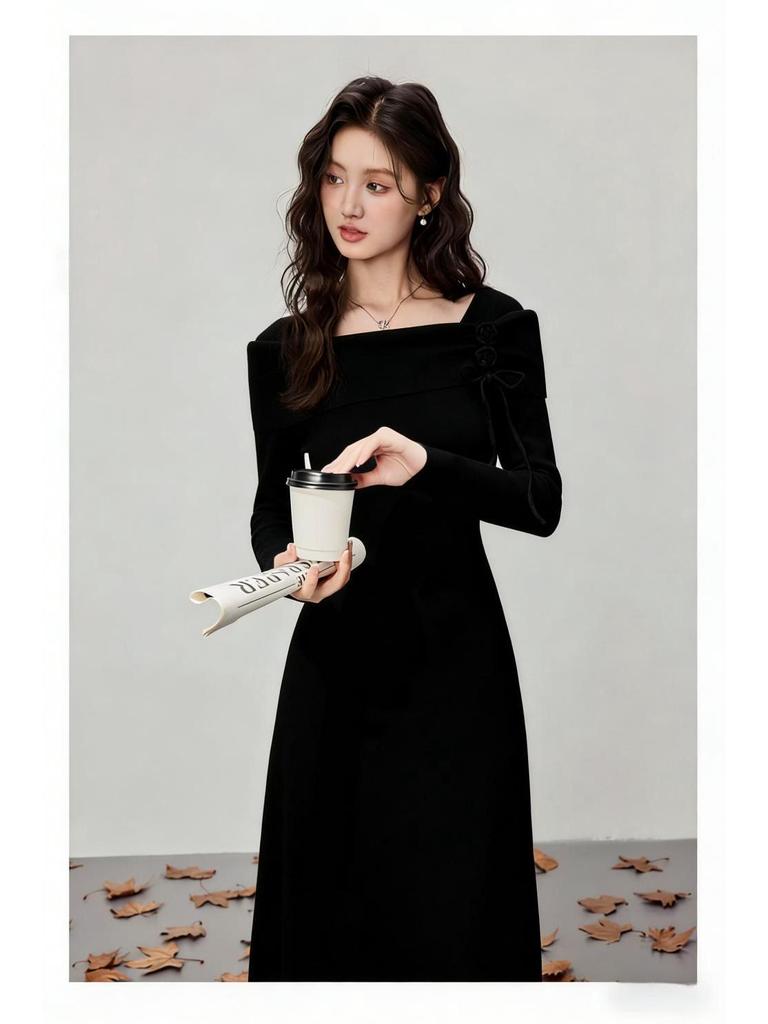 Korean Style Autumn Winter Knit Cinched Waist Slimming Long Dress for Ladies