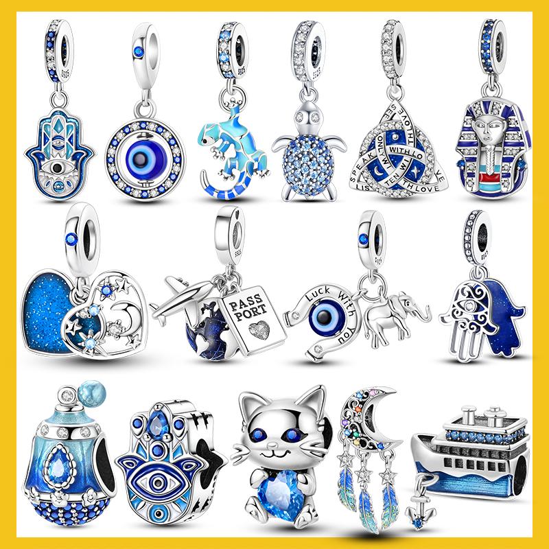 Charm Bead Components Copper Metal Bead Components Blue Series Lovely Cat Heart Charm Bead Components Compatible With Women Authentic Original