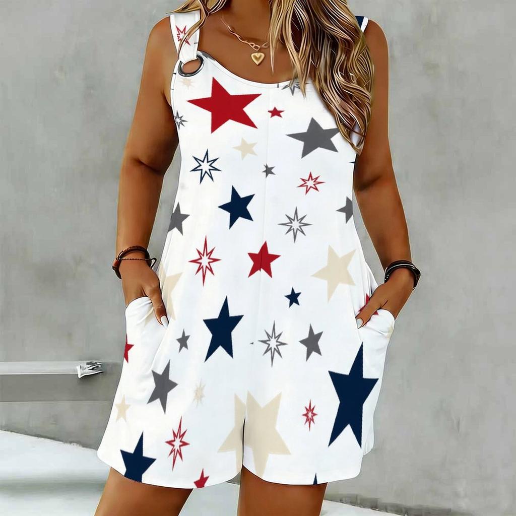 Women Plus Size Sleeveless Scoop Neck Ring Strap Floral Star Printed Loose Romper With Pockets