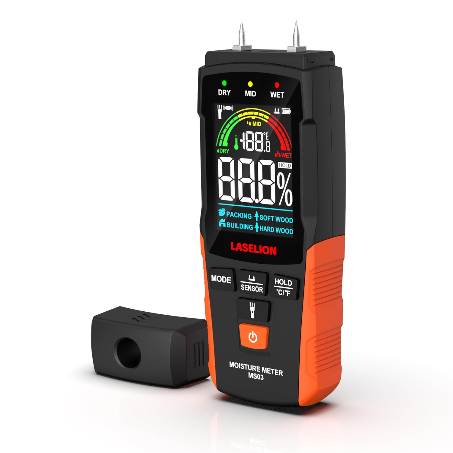

LASELION 2-in-1 Pin & Pinless Moisture Meter MS03 – Accurate Moisture Detection for Wood, Concrete, Drywall, etc. – LCD Display with Hold Function, Fl