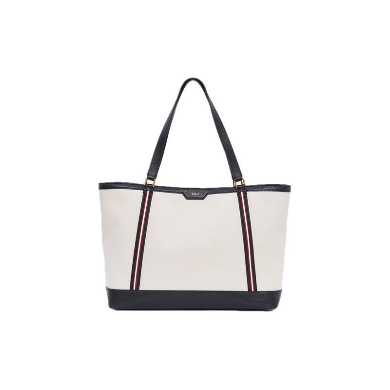 Bally Logo Patch Knaplukning Stof og Læder Tote Taske Kvinder Tote Tasker Naturlig Sort 6306547