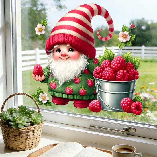 Spring Gnome Window Clings Floral Berries Gnome Glass Stickers Double-Sided Reusable Static Decals