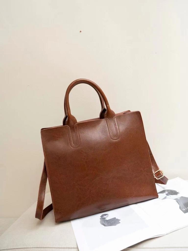 Cowhide Women'S Bag Oil Wax Leather Vegetable Tanned Leather Retro High-End Tote Bag Large Bag Briefcase 8199