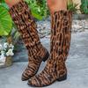 Fashion New Leopard Print Pointed Toe Suede Sleeve Non-Slip Wear-Resistant Square Heel Tall Boot for Autumn