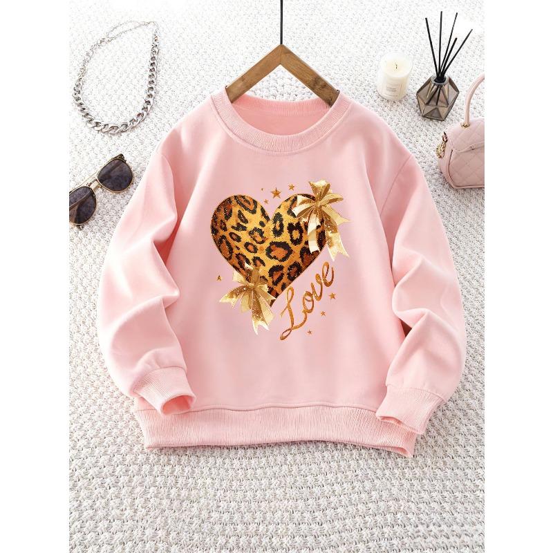 Unisex Crew Neck Sweatshirt with Leopard Print Heart and Bow Decoration , Long Sleeve, Casual Style, Perfect for Camping and Parties