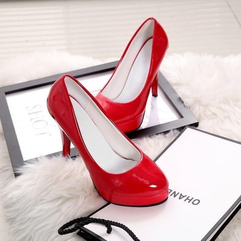 10CM high heels waterproof table cosplay universal black leather shoes round head women patent leather work shoes