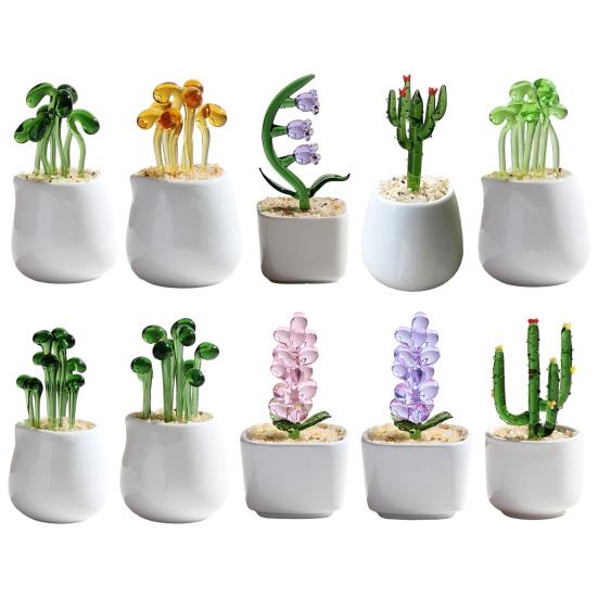 Handmade Glass Potted Plants Ornament Hand-Blown Glass Cactus Bean Sprout Floral Art Figurine Home Office Desktop Decoration