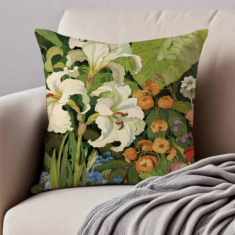 Floral illustration Cushion Cover Pillowcase Antidustmite Invisible Zipper Short Plush Sofa Cushion
