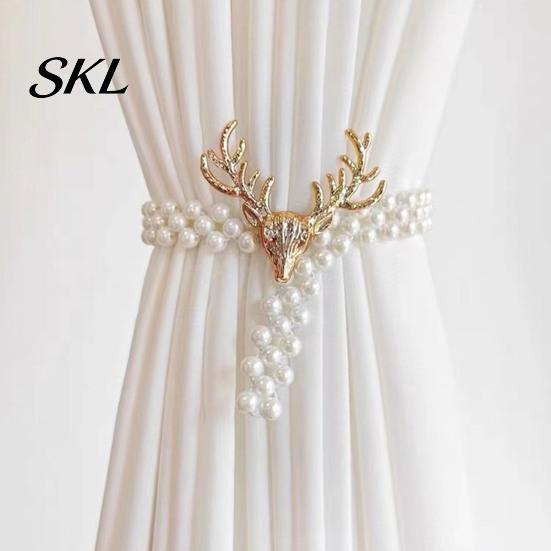 Faux Pearl Curtain Holdbacks Deer Head Tieback, Beaded Stretch Holder, Adjustable Holdback for Bedroom Living Room Window Door Drapes Tiebacks
