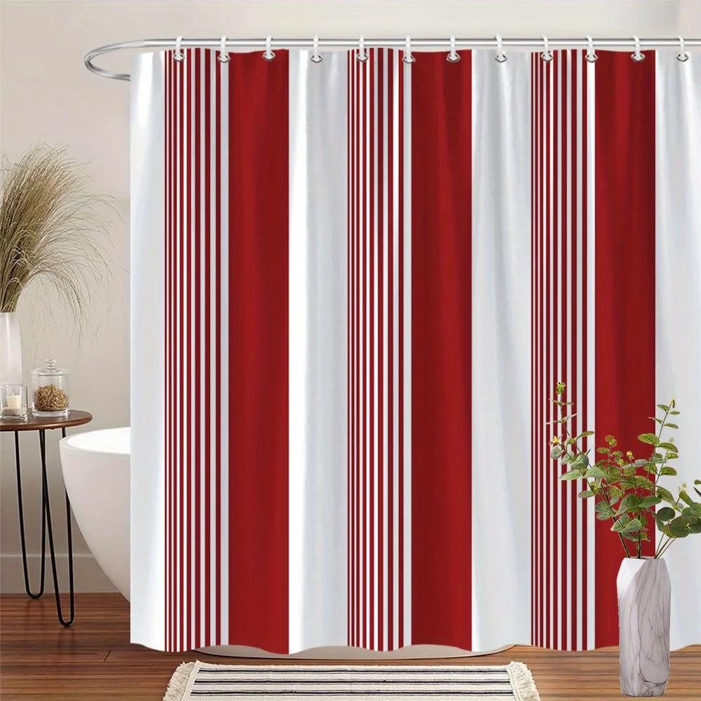 

Red & White Vertical Stripes Curtain - Minimalist, Modern Design, Machine Washable, 12 Hooks, Modern Bath Accessory W90xH180cm