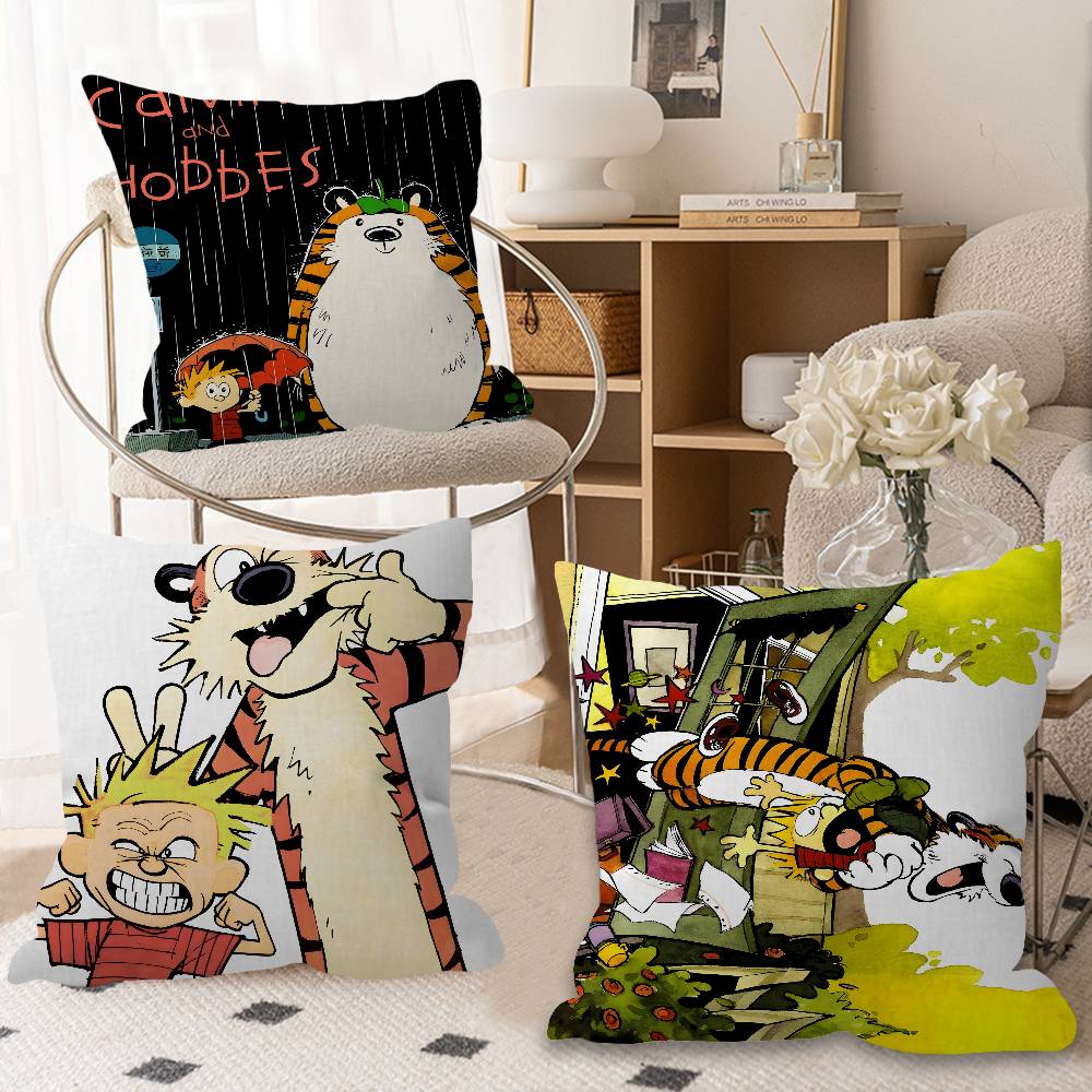 Book C-Calvin and H-Hobbes Pillow Covers Cartoon Sofa Decorative Home Double-sided Printing Short Plush Cute Cushion Cover