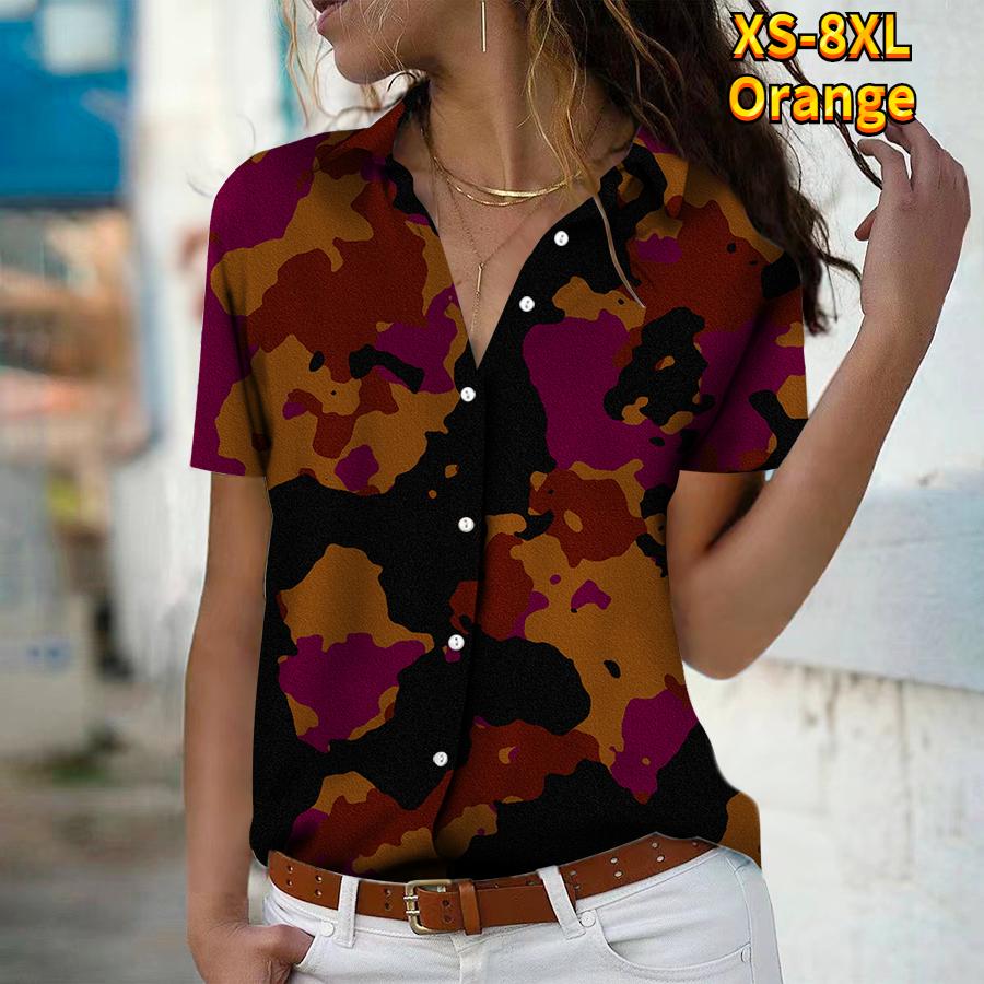 

Лето 2025 Новая Мода Женская Рубашка Топ с Коротким Рукавом и V-образным Вырезом в Повседневном Стиле на Пуговицах с Камуфляжным Принтом 8XL оранжевый