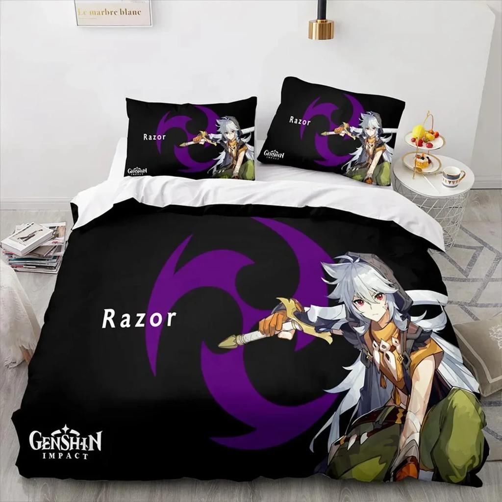 Anime Genshin Impact Xiao SUCROSE Qiqi Bedding Set Printed With Pillowcase Bed Duvet Cover Soft Queen King Size Bedclothes Home