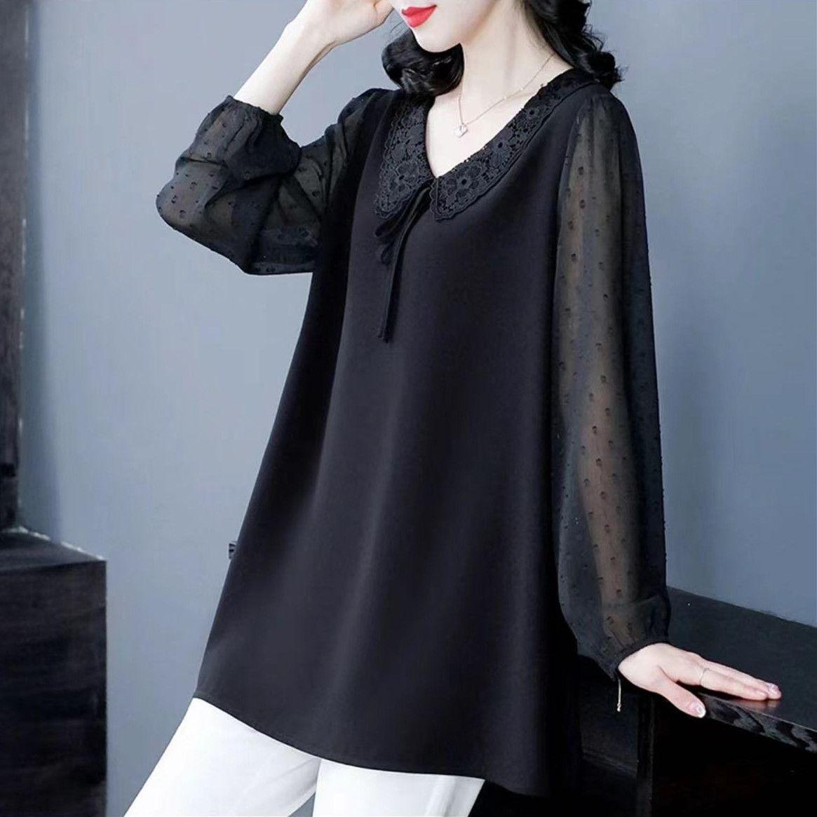 

Однотонные рубашки с кукольным воротником, женская свободная блузка с длинным рукавом-фонариком, весенний женский повседневный пригородный топ 4XL чёрный