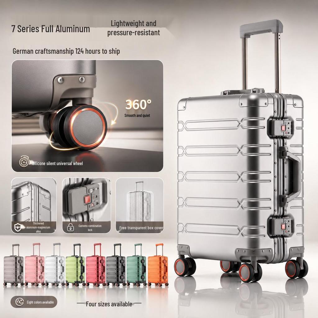 Aluminum-Magnesium Alloy Trolley Case with Universal Wheels, 24" Carry-On for Student Travel & Men's Business, with Combination Lock.