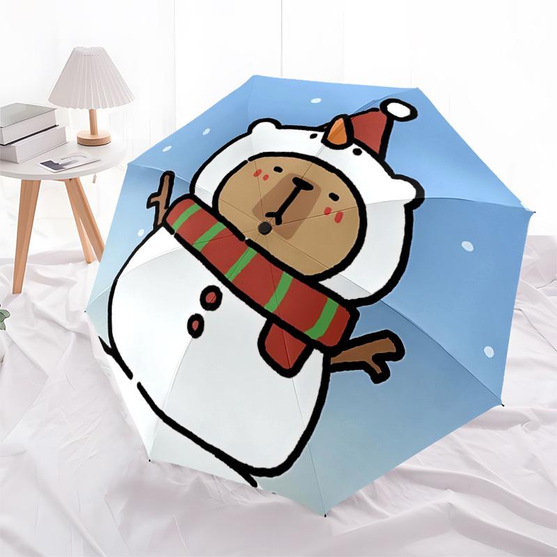 1pc Snowman Capybara Automatic Umbrella - Stylish, Durable, with 8-Rib Manual Open Design, Elegant Black Handleyy250920229