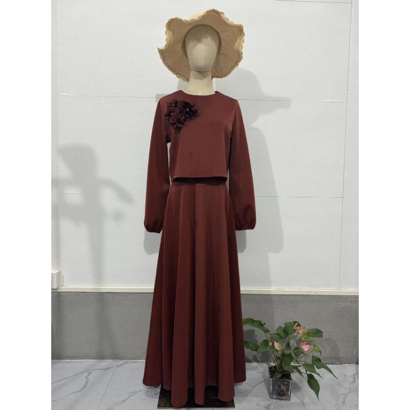 

Весенне-осенний комплект женских платьев с цветочным принтом и рукавами-фонариками, свободный топ с длинными рукавами и юбка с бретелькой на бретельках XXL коричневый