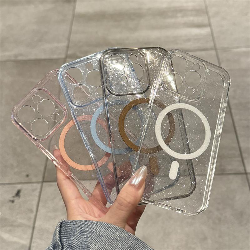 Luxury Glitter Magsafe Transparent Case For iPhone 13 14 15 16 Pro Max Plus Magnetic Wireless Charge Shockproof Soft Cover
