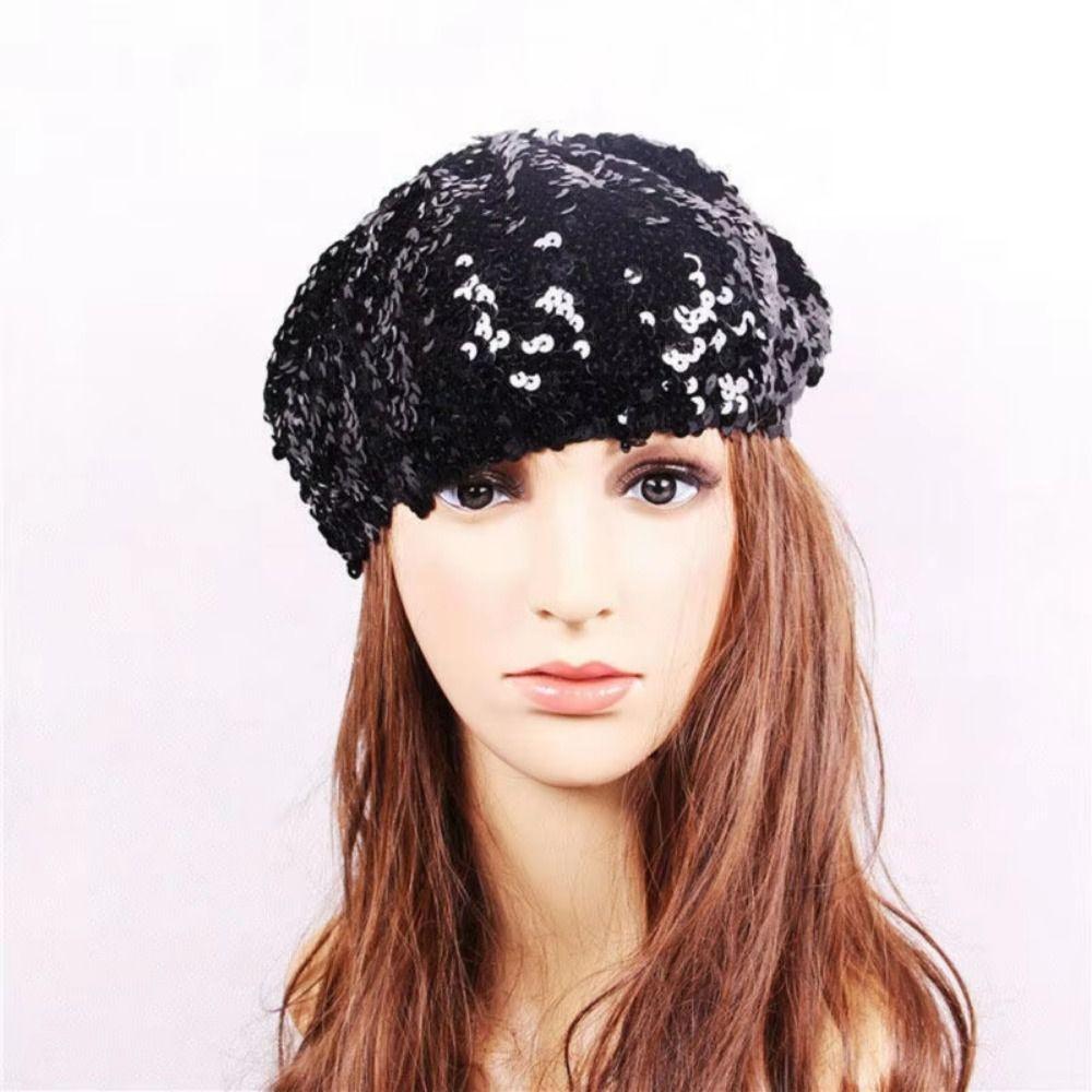 Solid Color Glitter Beanie Cap Retro Women's Sequin Beret Shiny Painter Hat  Music Festivals