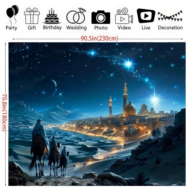 Merry Christmas Tapestry - Festive Castle Desert and Camel Patterns Starry Night View Blue Accents Polyester Material