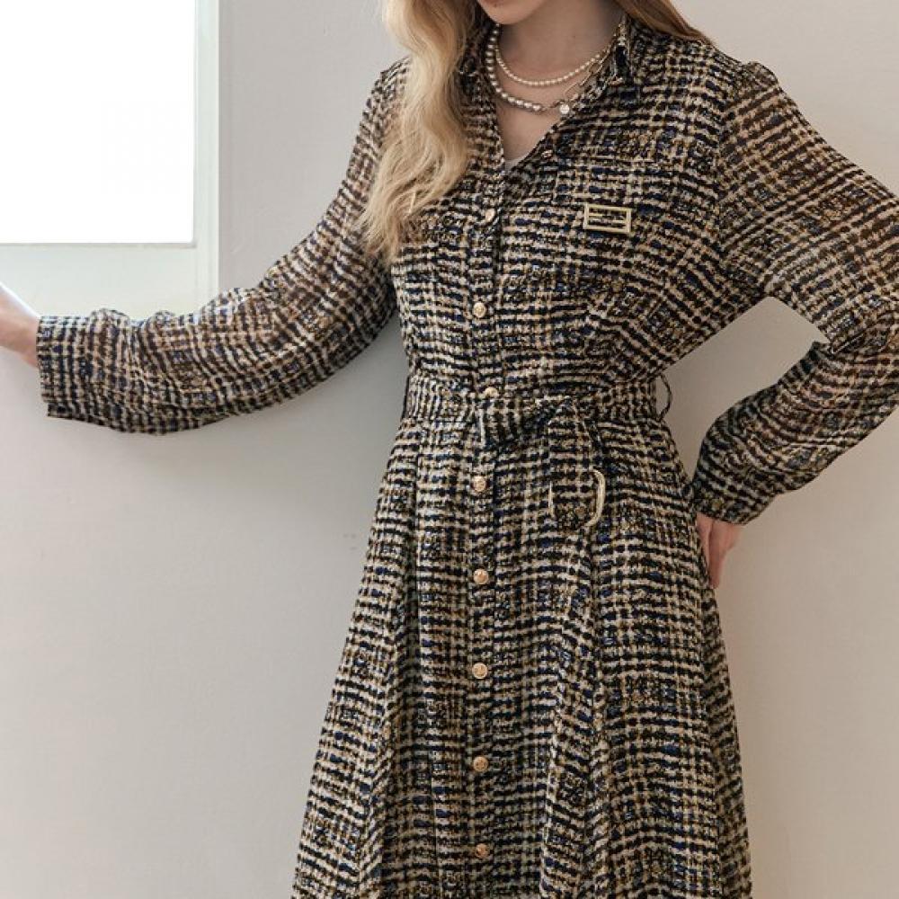 Maxza Check Print Chiffon Shirt Dress With Pocket Zd05qp004on navy/FREE