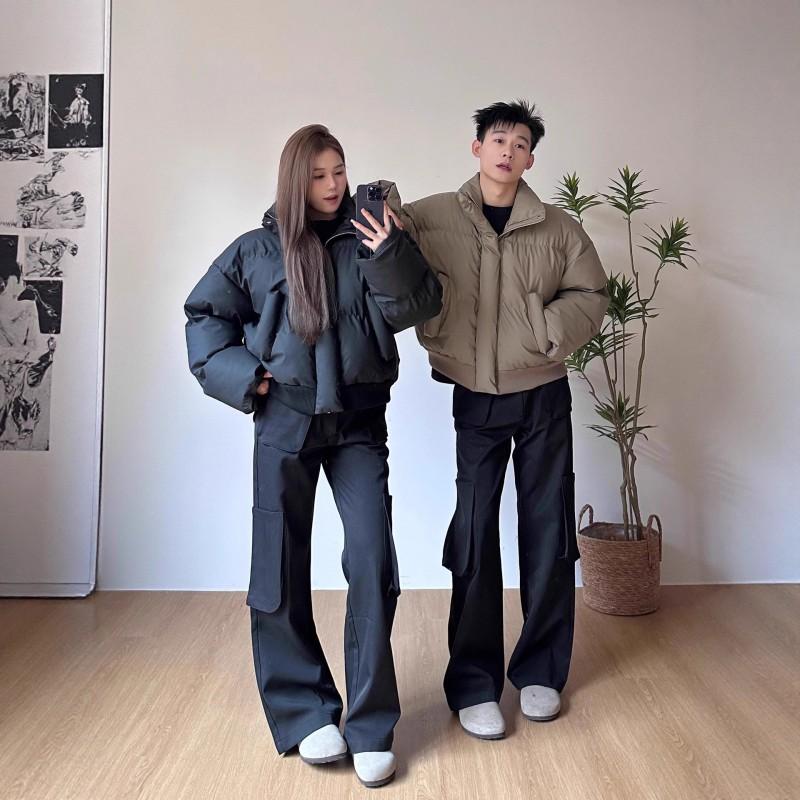 American Vintage Winter PU Puffer Jacket Loose Fit Stand Collar Thick Couples Men Women