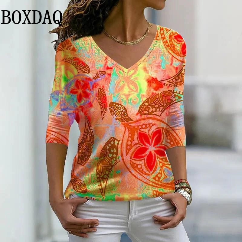 New Spring Women V-Neck Top Fashion Design Painting Printed Oversized T Shirt Daily Street Long-Sleeve Casual Tee Clothes