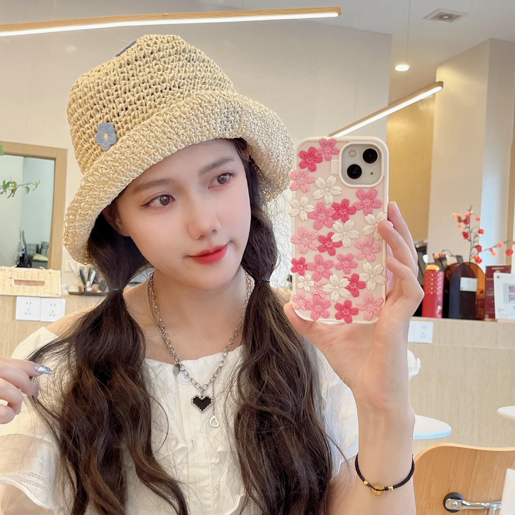 

For iPhone 15 Silicone Case 3D Cherry Blossom Pattern Shockproof Phone Cover As Shown A