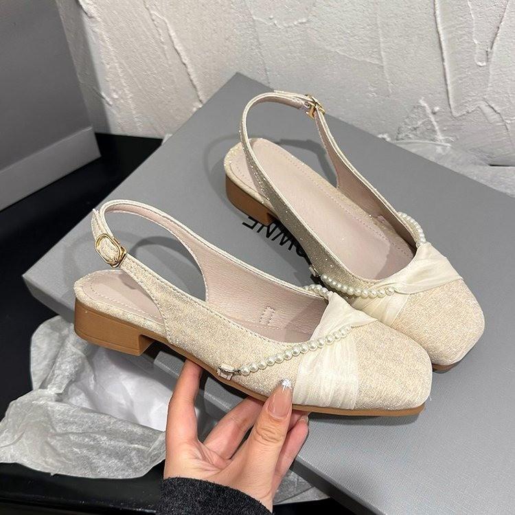 Fashion Mid Heels Women's Sandals Designer Square Toe Bead Shallow Buckle Shoes 2025 Summer New Trend Fad Brand Chunky Chaussures Femme