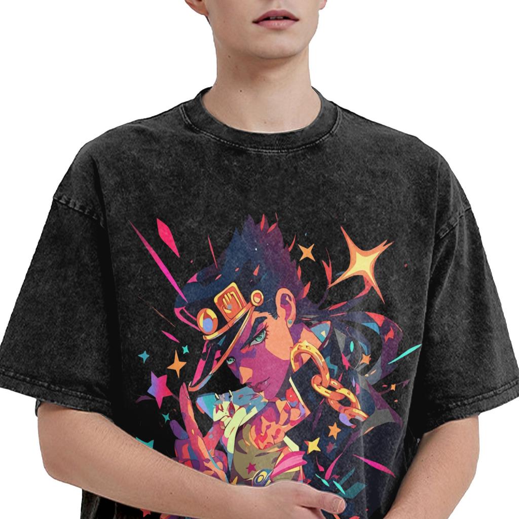 Anime JoJo's Bizarre Adventure Kuujou Joutarou Print T Shirt Men High Quality Cotton Tshirts Vintage Washed Tee Harajuku T-shirt