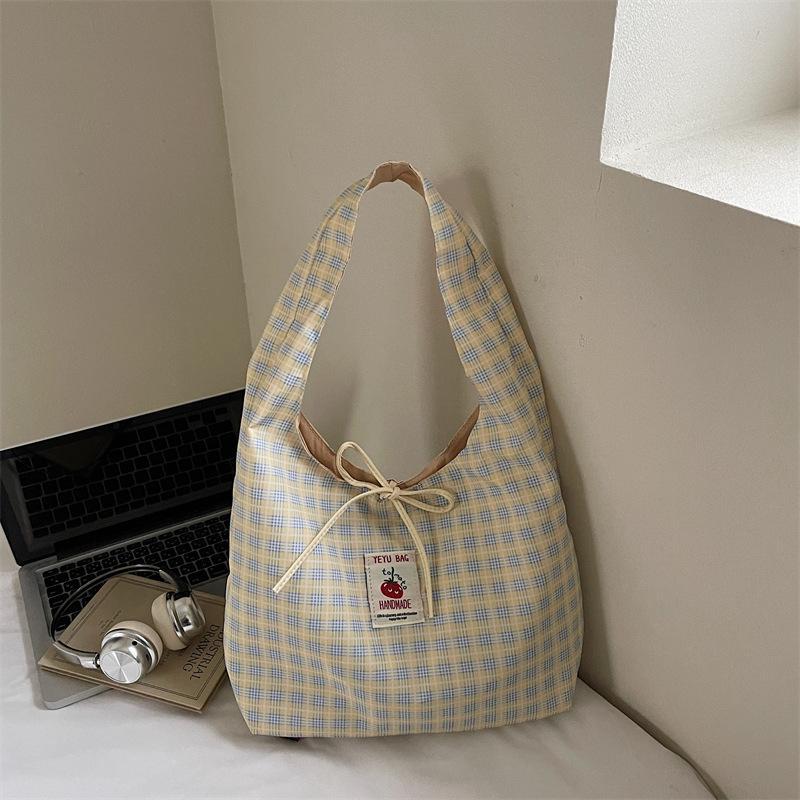Plaid Shoulder Tote Bag With Cute Bow Decor Large Capacity For Daily Shopping School Commute