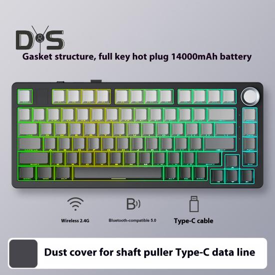 Teclado mecânico compatível com Bluetooth/2.4G/Tipo C com fio, três modos de conexão, troca a quente de teclas completas, 81 teclas